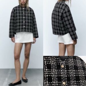 NWT Zara Tweed Quilted Coat Black White Plaid Boucle
Textured Oversized Jacket
